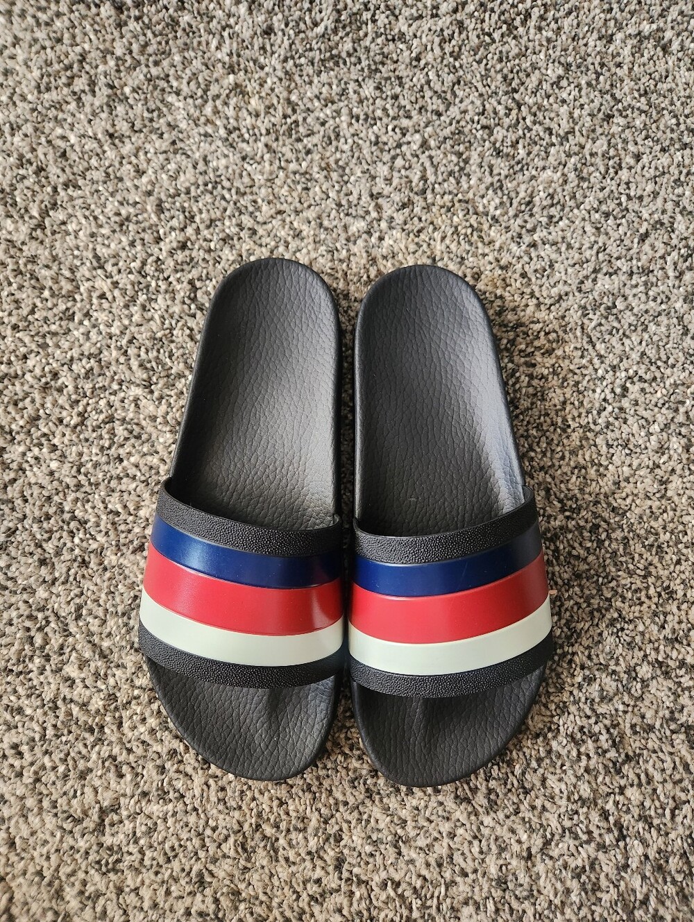 Gucci Black Slides with Navy, Red & White Stripes